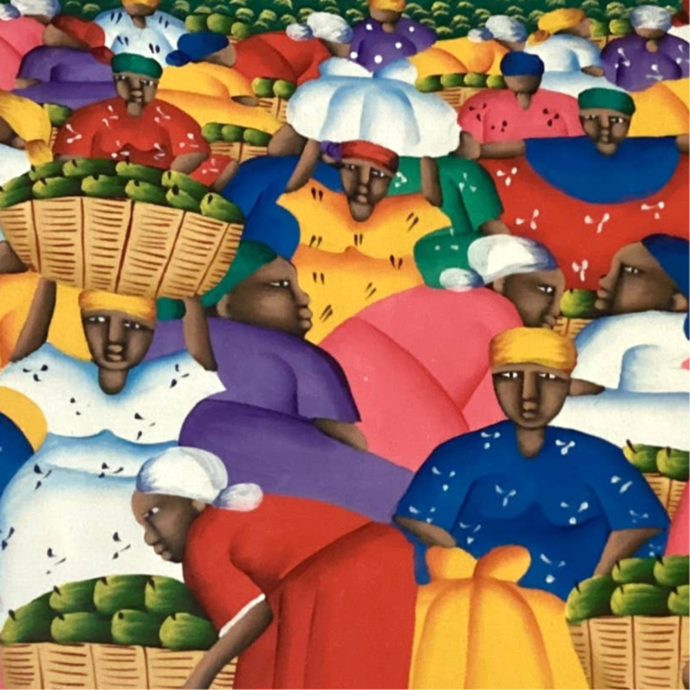 Haitian Folk Art Original Oil on Raw Canvas Women Working Artist A Ristil